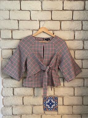 Romeo & Juliet Couture Blouse Plaid w/ 3/4in Wide Sleeve Size Small
